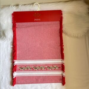 Lenox Red Table Runner Holiday Stripe Embroidered Floral Design NWT.